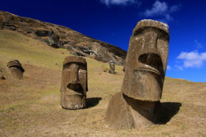 Moai stone head statues at Rano Raraku, Easter Island.